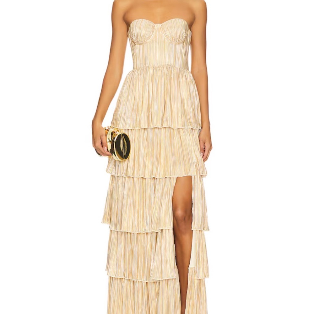 Elegant Strapless Tiered Gold Cream Dress